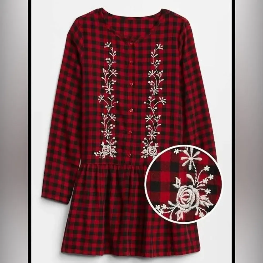 Gap Embroidered red Christmas Plaid button up ruffle shirt Dress girls XL